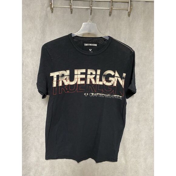 NWOT Vintage True Religion Men T-Shirt Size L Black Spell Out Retro Logo Tee Y2K - Picture 1 of 9